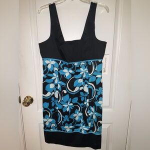 NWT—Maggy London Sleeveless Dress, 14, Black, Turquoise, & White Floral Pattern
